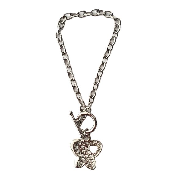 Silver Chain Bracelet Butterfly Charm w/ Crystal Stones & Heart Cut Out T Clasp - Picture 1 of 4